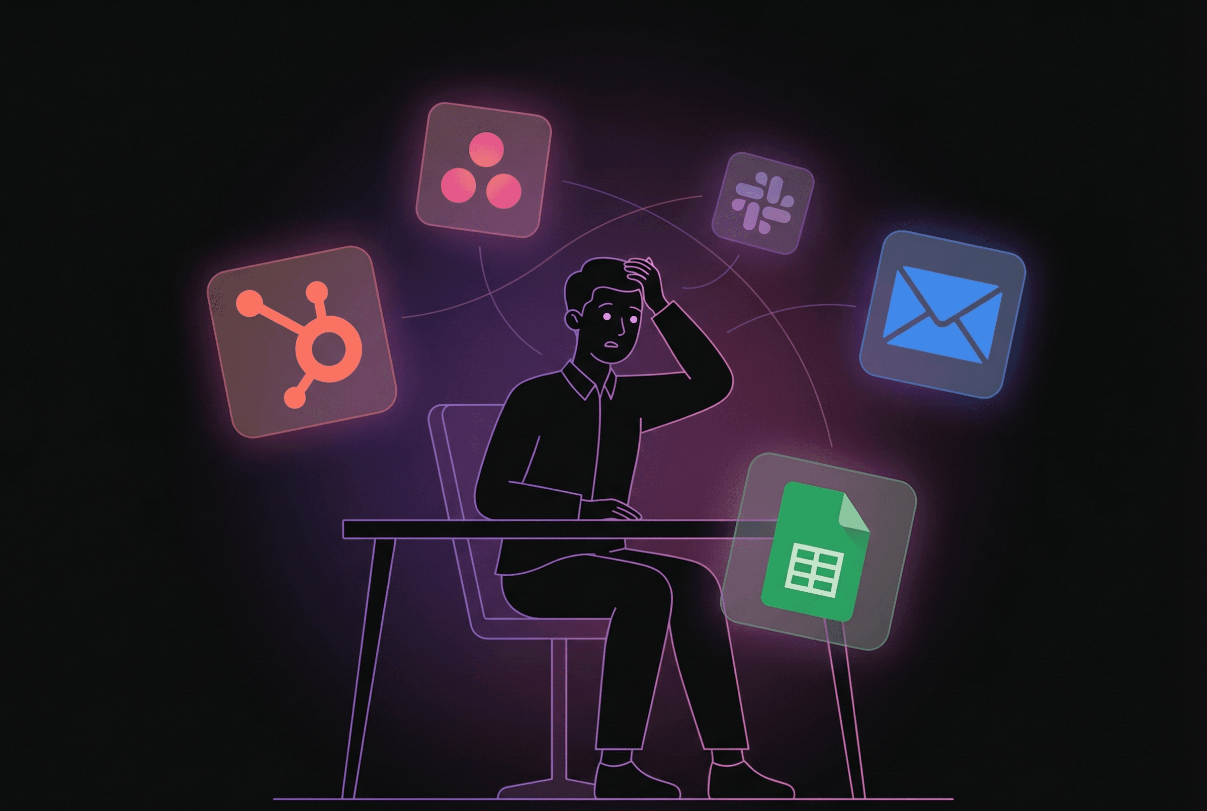 Person overwhelmed by multiple apps showing tool switching struggle